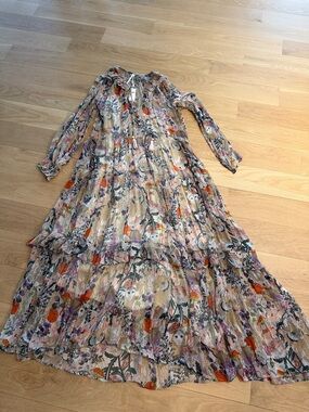 Anthropologie Floral Tiered Maxi Dress in Cream, Orange & Purple